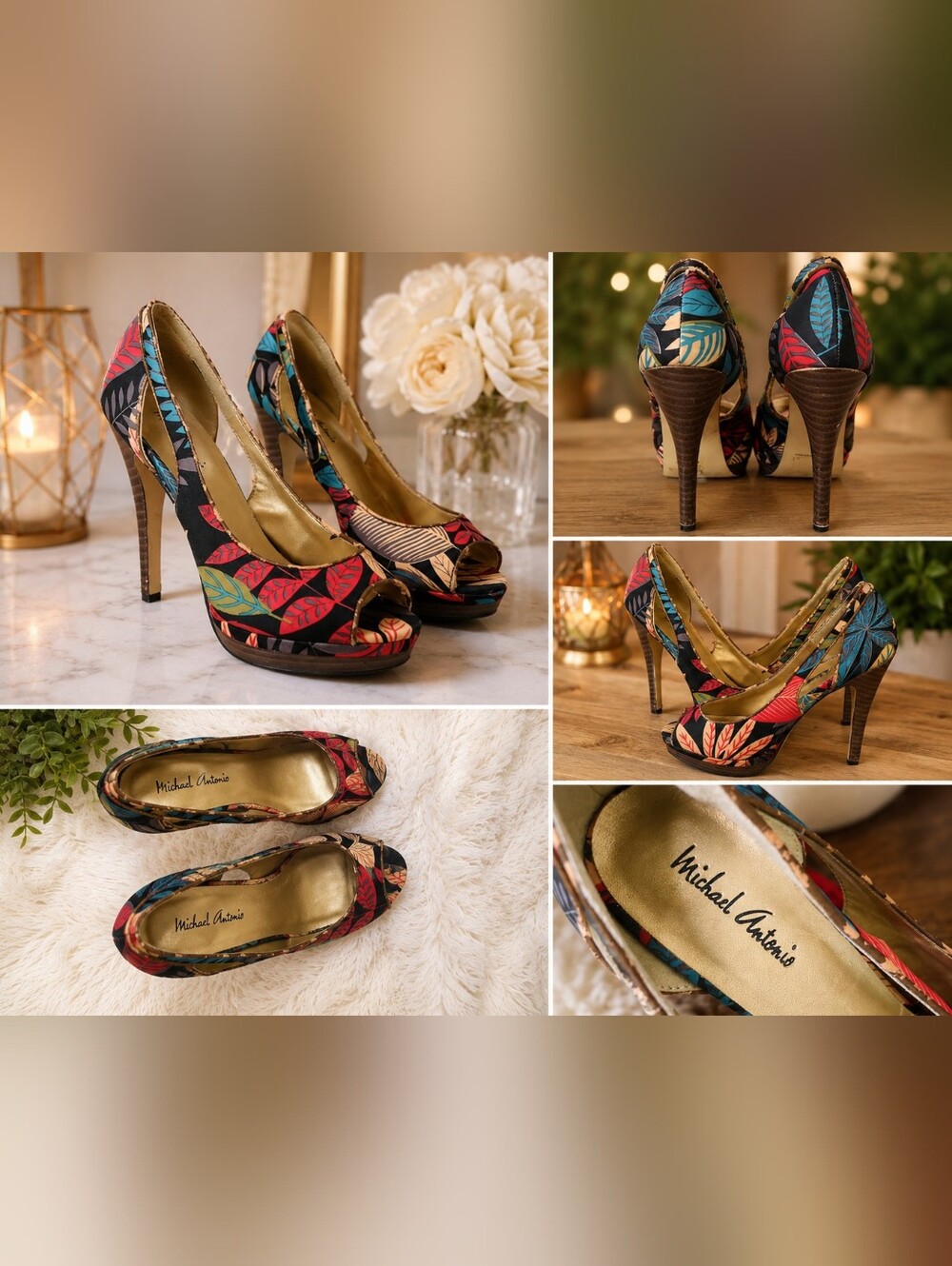Michael Antonio Multicolor Leaf-Print Peep-Toe Platform Heels